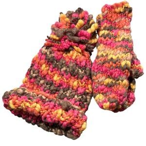 Redfish Designs 100% Wool Chunky Knit Pom‎ Beanie and Mittens Set Pink Orange